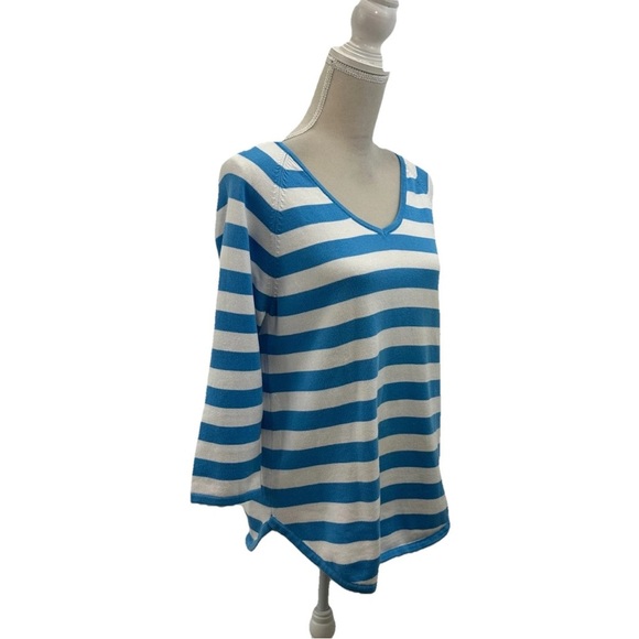 Jeanne Pierre Womens Sz M Pullover Tunic Sweater Blue White Wide Stripe V Neck - Picture 2 of 7